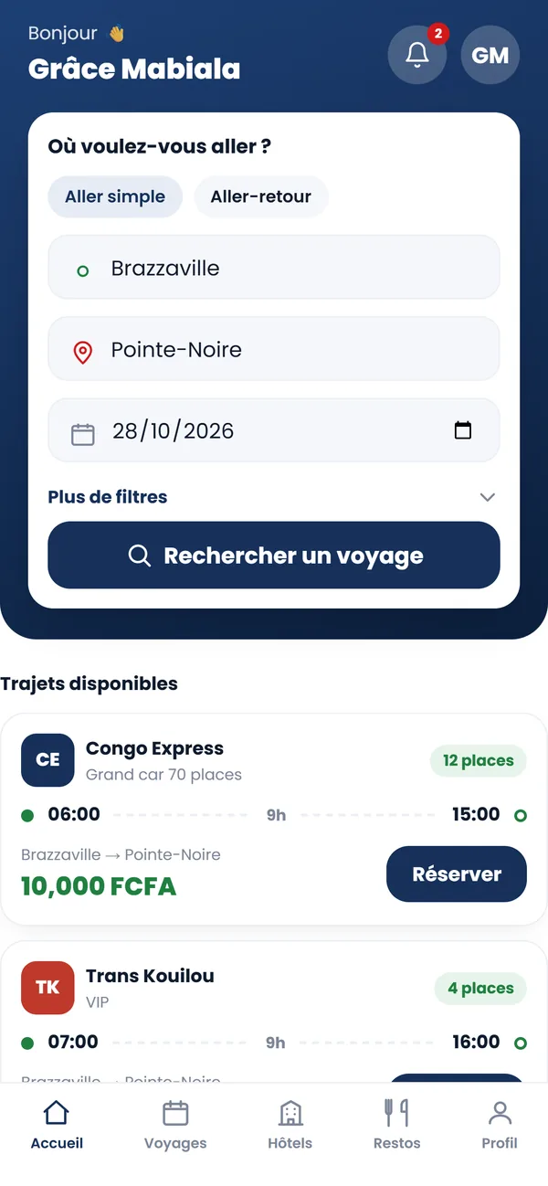 Recherche d'un trajet dans l'application Longonya