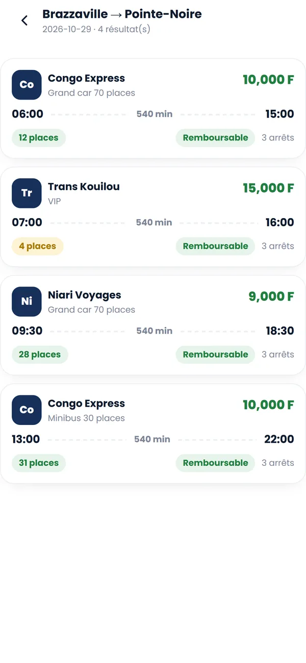Liste des départs disponibles